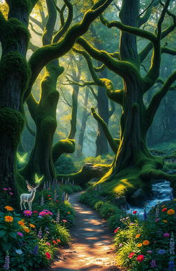 A mystical adventurous forest, filled with towering ancient trees covered in emerald moss