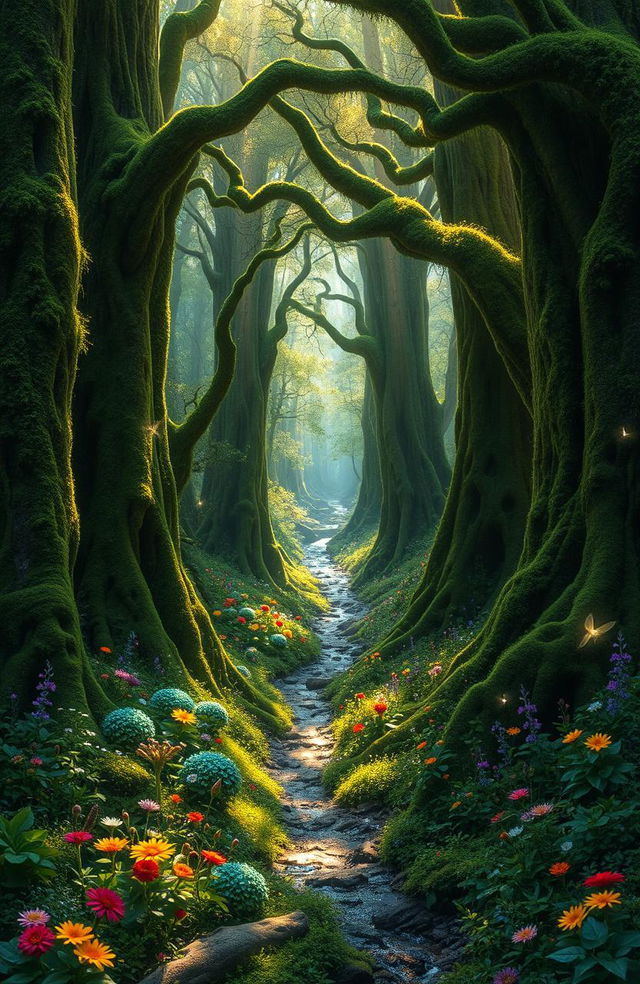 A mystical adventurous forest, filled with towering ancient trees covered in emerald moss