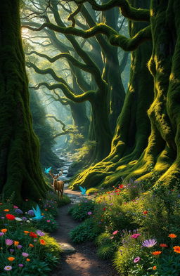 A mystical adventurous forest, filled with towering ancient trees covered in emerald moss