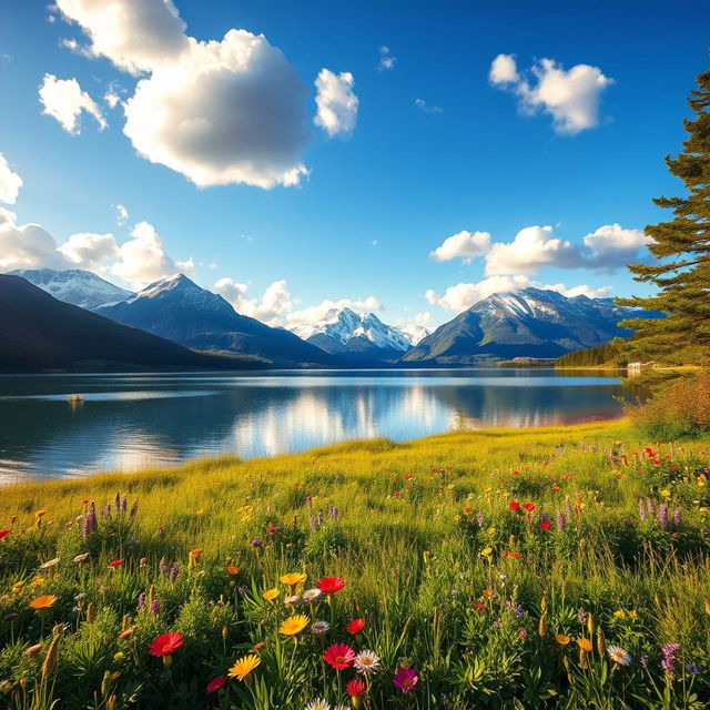 A serene and picturesque landscape featuring a lush green meadow dotted with vibrant wildflowers