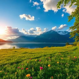 A serene and picturesque landscape featuring a lush green meadow dotted with vibrant wildflowers