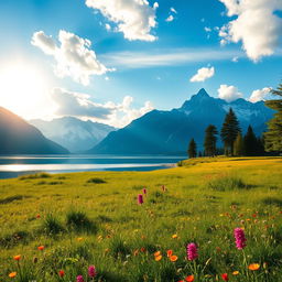 A serene and picturesque landscape featuring a lush green meadow dotted with vibrant wildflowers
