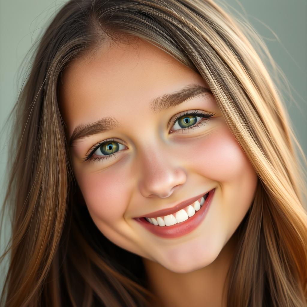 A close-up portrait of a young woman with long, flowing hair and bright green eyes