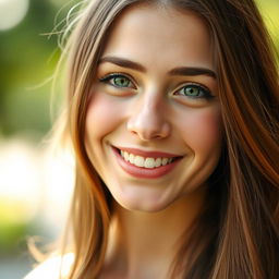 A close-up portrait of a young woman with long, flowing hair and bright green eyes