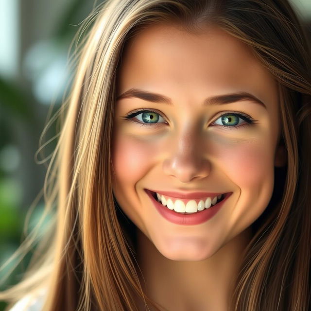 A close-up portrait of a young woman with long, flowing hair and bright green eyes