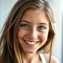 A close-up portrait of a young woman with long, flowing hair and bright green eyes