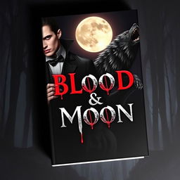 A captivating book cover for 'Blood & Moon' featuring sinister vampires and fierce werewolves in a dark, eerie night scene