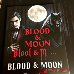 A captivating book cover for 'Blood & Moon' featuring sinister vampires and fierce werewolves in a dark, eerie night scene