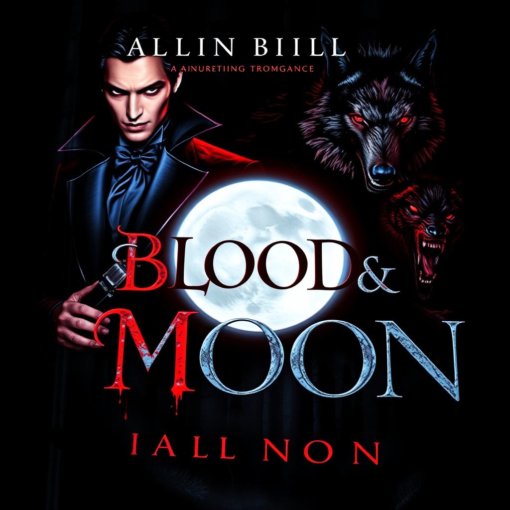 A captivating book cover for 'Blood & Moon' featuring sinister vampires and fierce werewolves in a dark, eerie night scene
