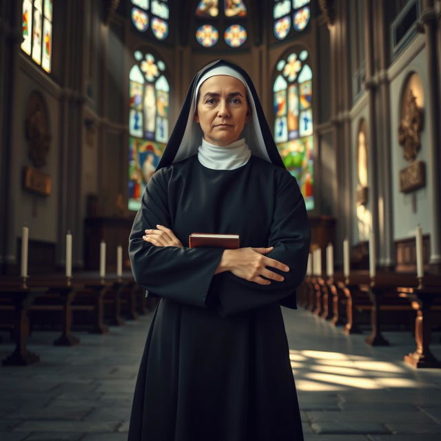 A strict nun dressed in traditional attire, including a long black habit and white wimple, standing in a serene chapel