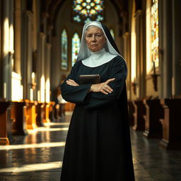 A strict nun dressed in traditional attire, including a long black habit and white wimple, standing in a serene chapel