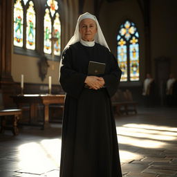 A strict nun dressed in traditional attire, including a long black habit and white wimple, standing in a serene chapel