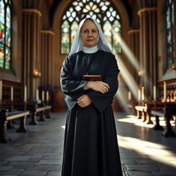 A strict nun dressed in traditional attire, including a long black habit and white wimple, standing in a serene chapel