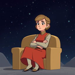 Mon Mothma character from Star Wars, sitting on a chair, animated style, depicted with complete limbs and in a seated position, with a focus on her iconic attire and hairstyle, expressing a thoughtful demeanor, surrounded by a starry space backdrop with hints of a galactic environment, in vibrant colors that capture the essence of a lively cartoon