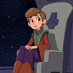 Mon Mothma character from Star Wars, sitting on a chair, animated style, depicted with complete limbs and in a seated position, with a focus on her iconic attire and hairstyle, expressing a thoughtful demeanor, surrounded by a starry space backdrop with hints of a galactic environment, in vibrant colors that capture the essence of a lively cartoon