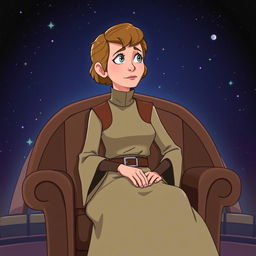 Mon Mothma character from Star Wars, sitting on a chair, animated style, depicted with complete limbs and in a seated position, with a focus on her iconic attire and hairstyle, expressing a thoughtful demeanor, surrounded by a starry space backdrop with hints of a galactic environment, in vibrant colors that capture the essence of a lively cartoon