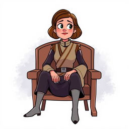 Mon Mothma character from Star Wars, sitting on a chair, animated style, depicted with complete limbs and in a seated position, with a focus on her iconic attire and hairstyle, expressing a thoughtful demeanor, surrounded by a starry space backdrop with hints of a galactic environment, in vibrant colors that capture the essence of a lively cartoon