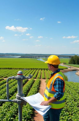 A detailed scene showcasing hydraulic and irrigation engineering in action, featuring a large, sprawling agriculture landscape under a blue sky, with advanced irrigation systems like pivot sprinklers and drip lines