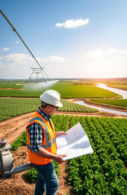 A detailed scene showcasing hydraulic and irrigation engineering in action, featuring a large, sprawling agriculture landscape under a blue sky, with advanced irrigation systems like pivot sprinklers and drip lines