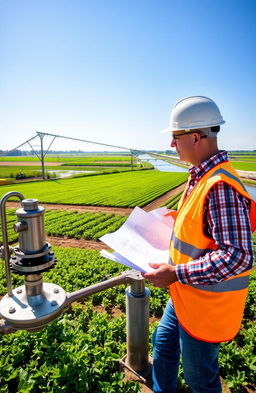 A detailed scene showcasing hydraulic and irrigation engineering in action, featuring a large, sprawling agriculture landscape under a blue sky, with advanced irrigation systems like pivot sprinklers and drip lines