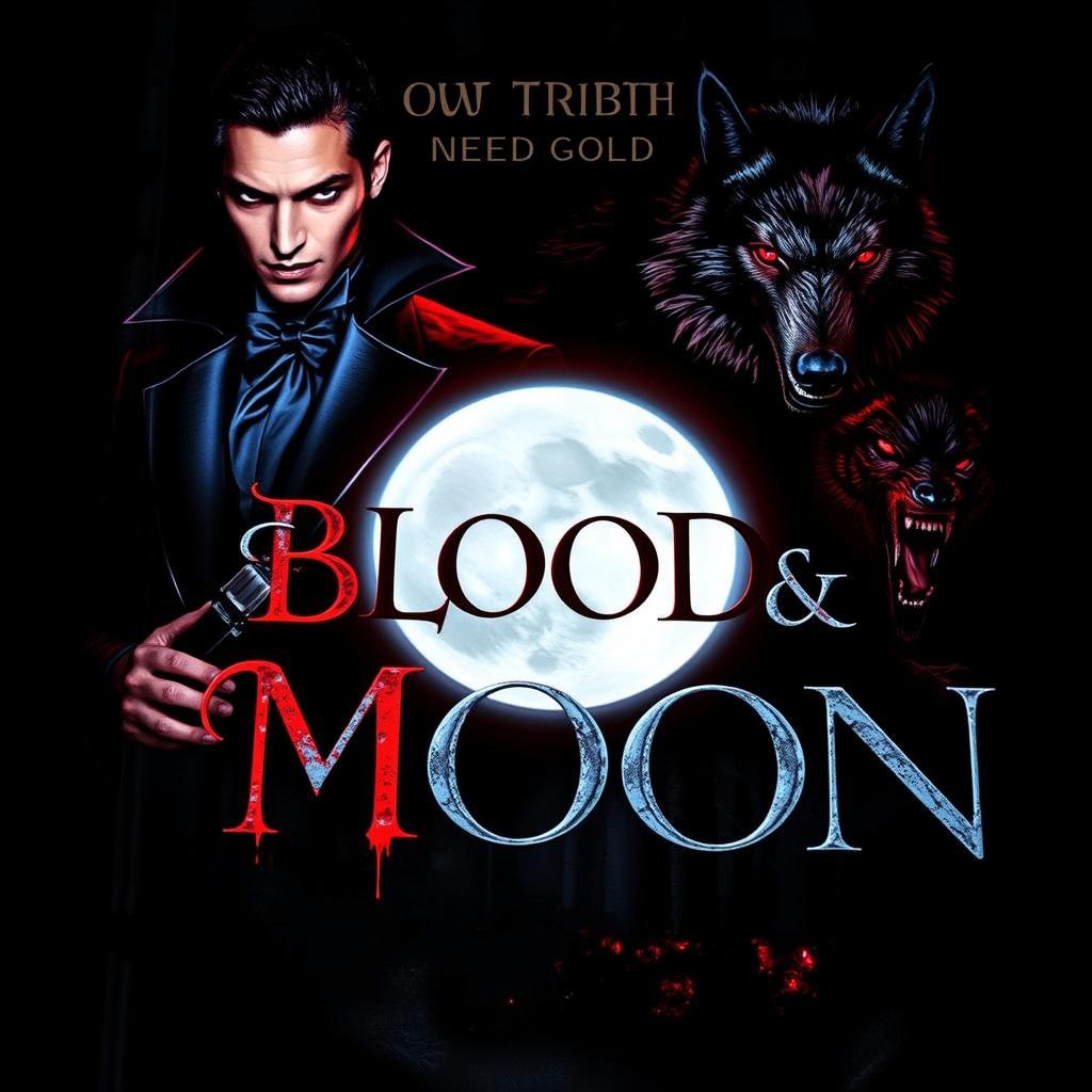 A striking book cover for 'Blood & Moon' featuring a charismatic vampire and aggressive werewolves, surrounded by a dark and mysterious atmosphere