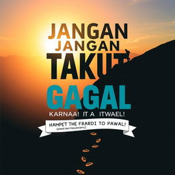 An inspiring poster featuring the phrase "Jangan Takut Gagal, Karena Itu Awal dari Kesuksesanmu!" (Don't Be Afraid to Fail, Because That's the Beginning of Your Success!) in bold and uplifting typography