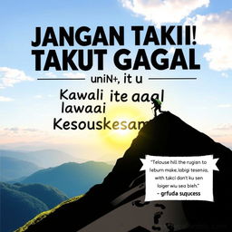 An inspiring poster featuring the phrase "Jangan Takut Gagal, Karena Itu Awal dari Kesuksesanmu!" (Don't Be Afraid to Fail, Because That's the Beginning of Your Success!) in bold and uplifting typography