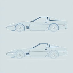 A detailed design in the style of technical blueprints for a 40th anniversary Corvette C4, featuring side, front, and rear views