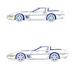 A detailed design in the style of technical blueprints for a 40th anniversary Corvette C4, featuring side, front, and rear views