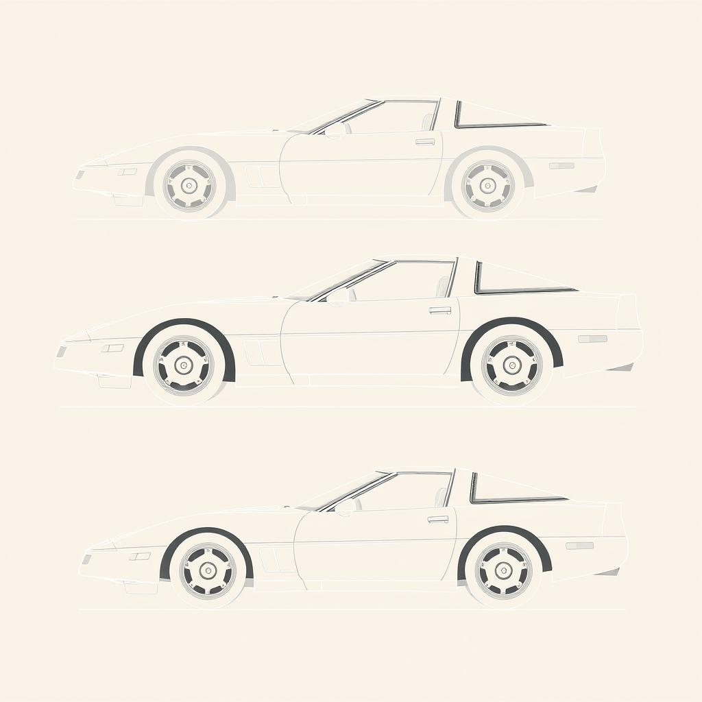 A detailed design in the style of technical blueprints for a 40th anniversary Corvette C4, featuring side, front, and rear views
