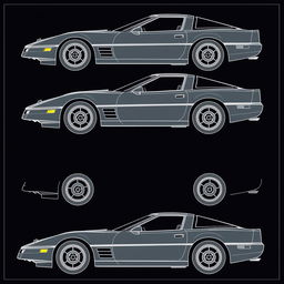 A detailed design in the style of technical blueprints for a 40th anniversary Corvette C4, featuring side, front, and rear views