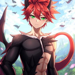 A male anime character with striking red hair and vibrant green eyes, featuring half-dragon characteristics