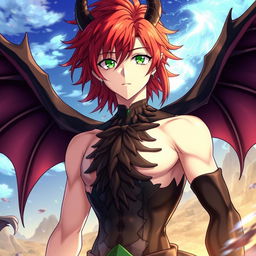 A male anime character with striking red hair and vibrant green eyes, featuring half-dragon characteristics