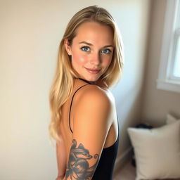 A young blonde woman with a striking tattoo on her left arm sleeve poses confidently in a swimsuit against a neutral wall in her cozy home
