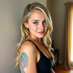 A young blonde woman with a striking tattoo on her left arm sleeve poses confidently in a swimsuit against a neutral wall in her cozy home