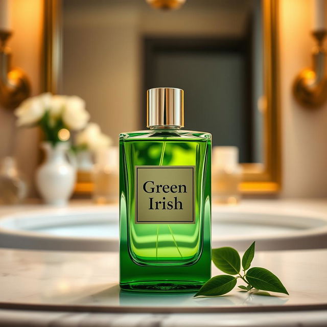 a 100ml bottle of Green Irish perfume elegantly displayed, featuring a sleek and modern design with a clear glass bottle showcasing the green liquid inside