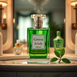 a 100ml bottle of Green Irish perfume elegantly displayed, featuring a sleek and modern design with a clear glass bottle showcasing the green liquid inside