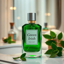 a 100ml bottle of Green Irish perfume elegantly displayed, featuring a sleek and modern design with a clear glass bottle showcasing the green liquid inside