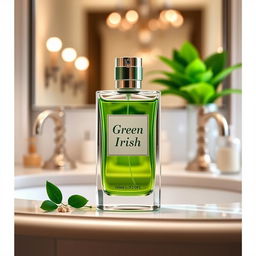 a 100ml bottle of Green Irish perfume elegantly displayed, featuring a sleek and modern design with a clear glass bottle showcasing the green liquid inside