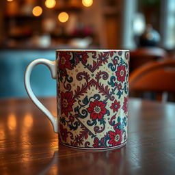 A beautifully designed mug completely covered in an intricate Iranian carpet pattern