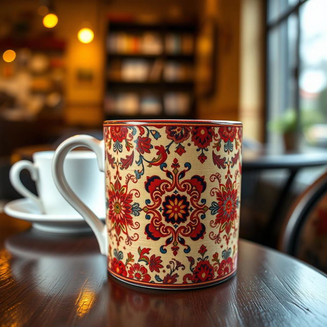 A beautifully designed mug completely covered in an intricate Iranian carpet pattern