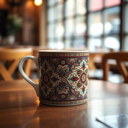 A beautifully designed mug completely covered in an intricate Iranian carpet pattern