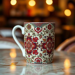 A beautifully designed mug completely covered in an intricate Iranian carpet pattern