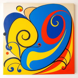 A vibrant and colorful abstract painting featuring bold shapes and swirling patterns