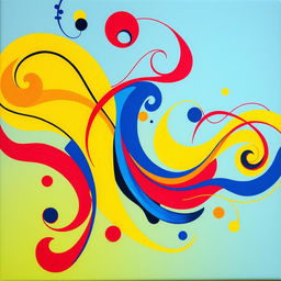 A vibrant and colorful abstract painting featuring bold shapes and swirling patterns