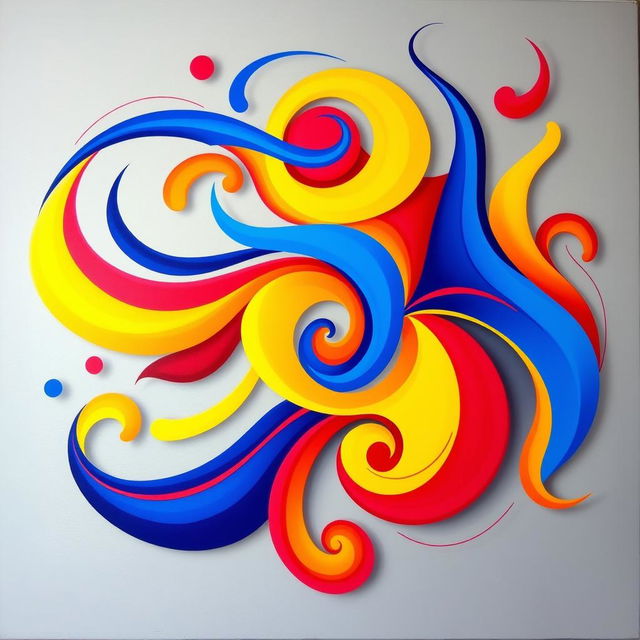 A vibrant and colorful abstract painting featuring bold shapes and swirling patterns