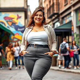 A confident plus-sized woman standing in a stylish urban setting, wearing fashionable, form-fitting clothing that accentuates her curves