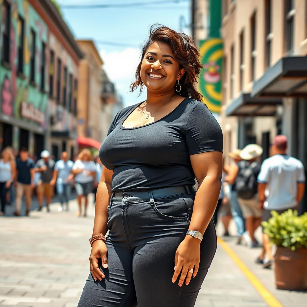 A confident plus-sized woman standing in a stylish urban setting, wearing fashionable, form-fitting clothing that accentuates her curves