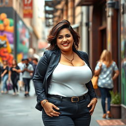 A confident plus-sized woman standing in a stylish urban setting, wearing fashionable, form-fitting clothing that accentuates her curves