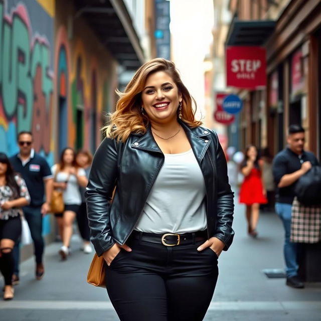 A confident plus-sized woman standing in a stylish urban setting, wearing fashionable, form-fitting clothing that accentuates her curves